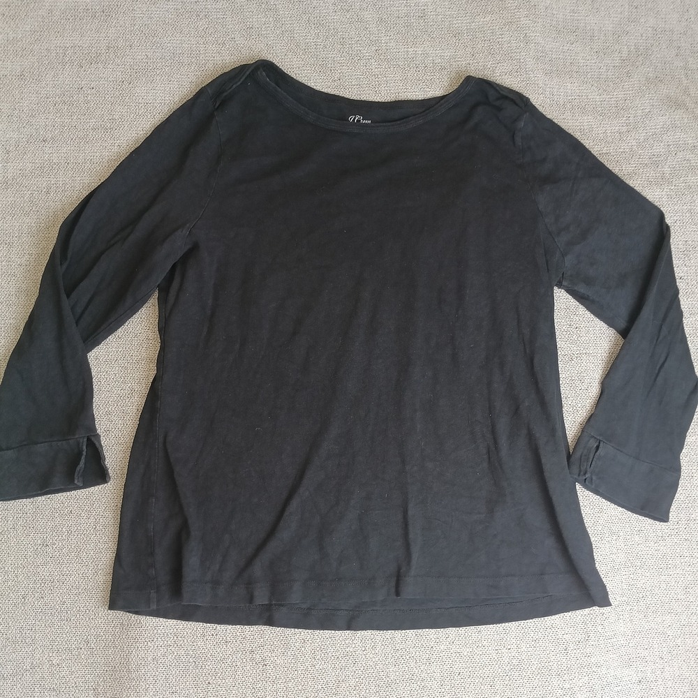 J.Crew Slub Tee Womens XL Black Excellent Boat Neck Long Sleeve Slit Cuff Top